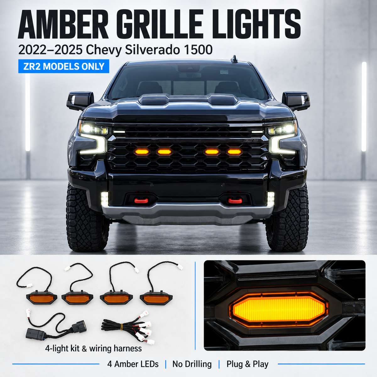 powoq Amber Grille Lights for 2022-2025 Chevy Silverado 1500 ZR2