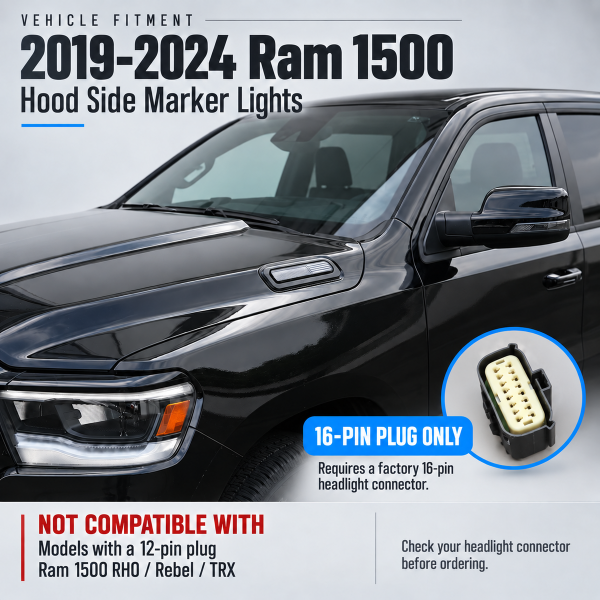 powoq LED Hood Side Marker Light for 2019-2024 Ram 1500 16-Pin