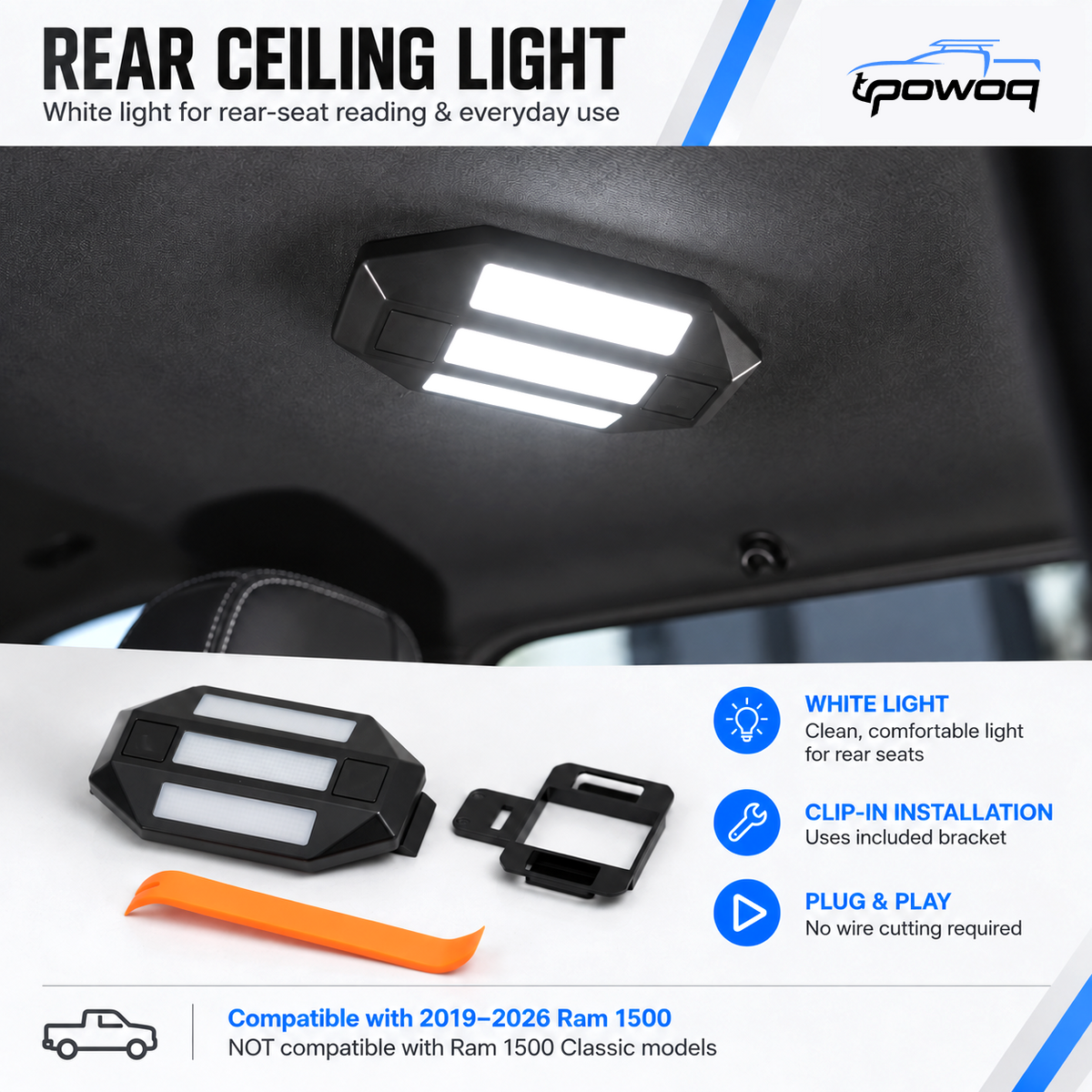 powoq Rear Ceiling Light for 2019-2026 Ram 1500