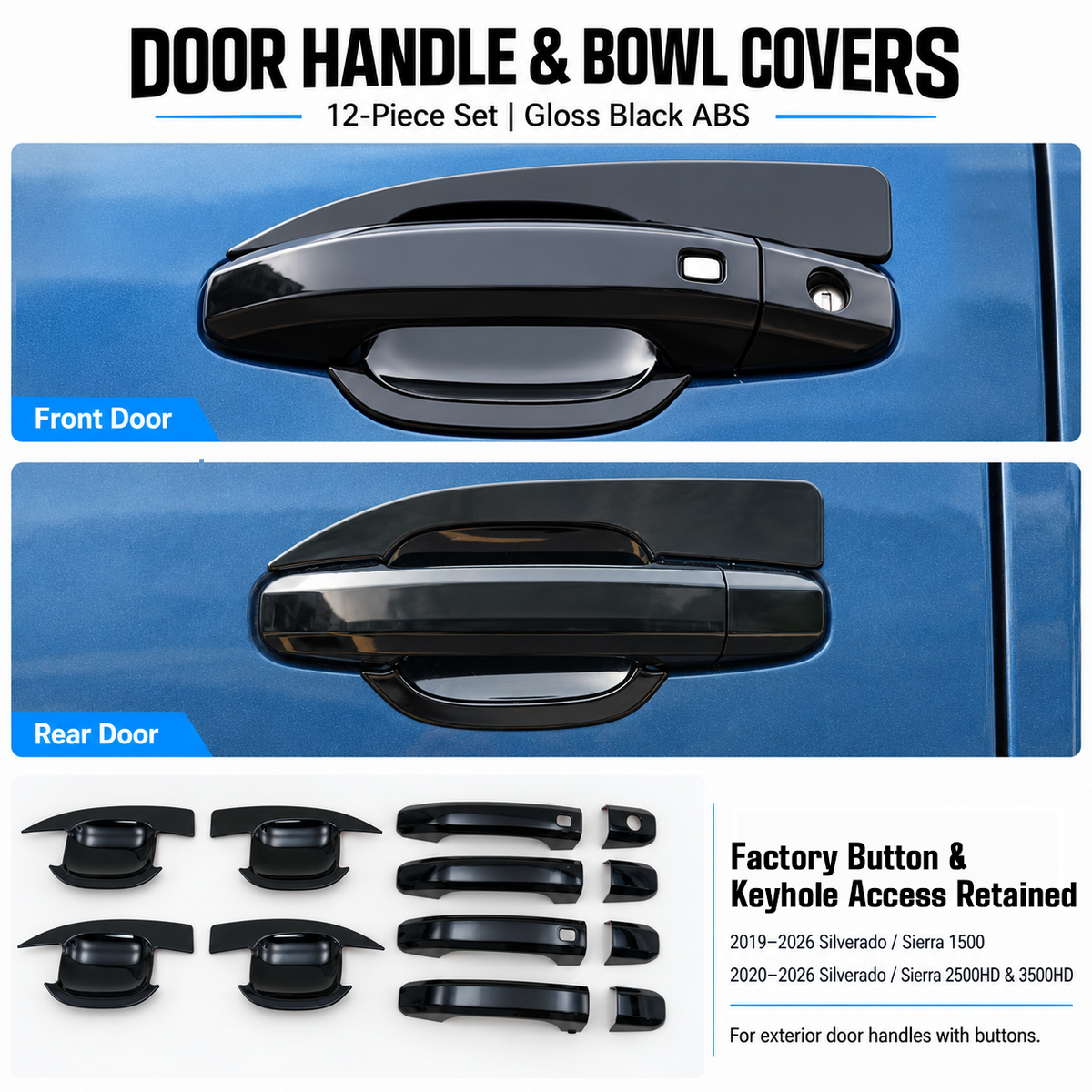 powoq 12-Piece Door Handle Covers for 2019-2026 Chevy Silverado / GMC Sierra