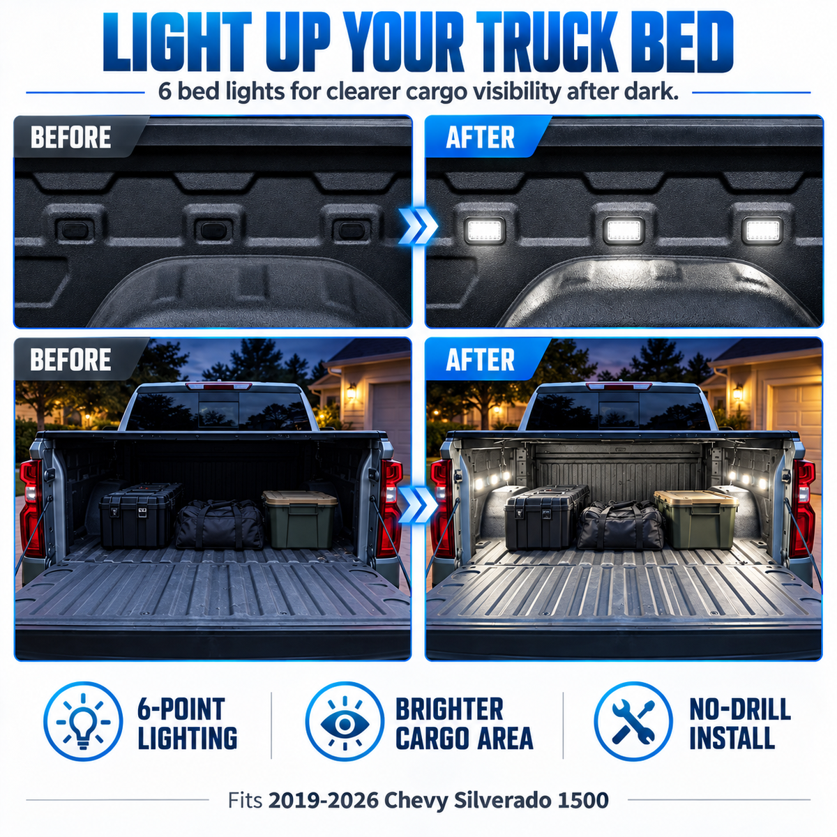 powoq 6-Piece LED Truck Bed Lights for 2019-2026 Chevy Silverado 1500