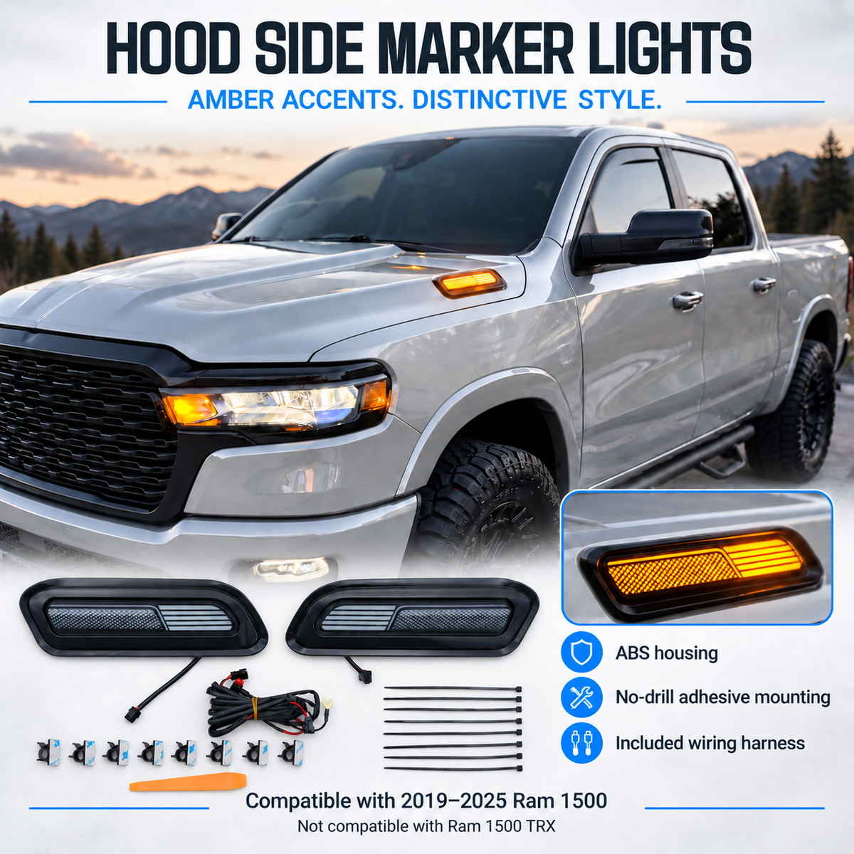 powoq LED Hood Side Marker Light for 2019-2025 Ram 1500