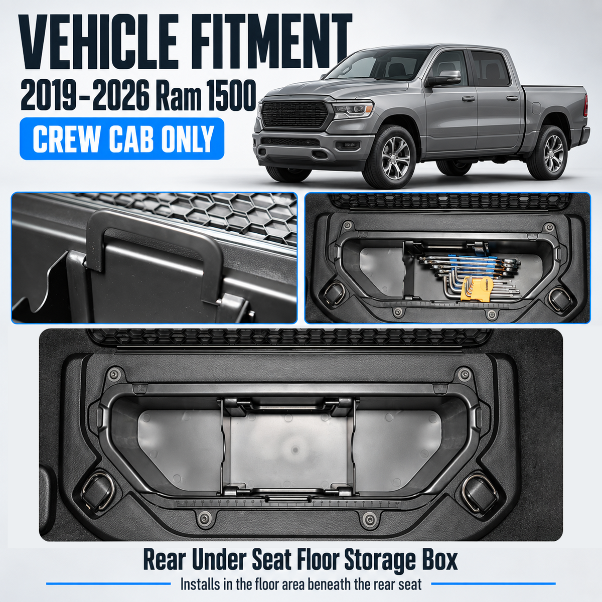 powoq Rear Under-Seat Storage Box for 2019-2026 Ram 1500 Crew Cab