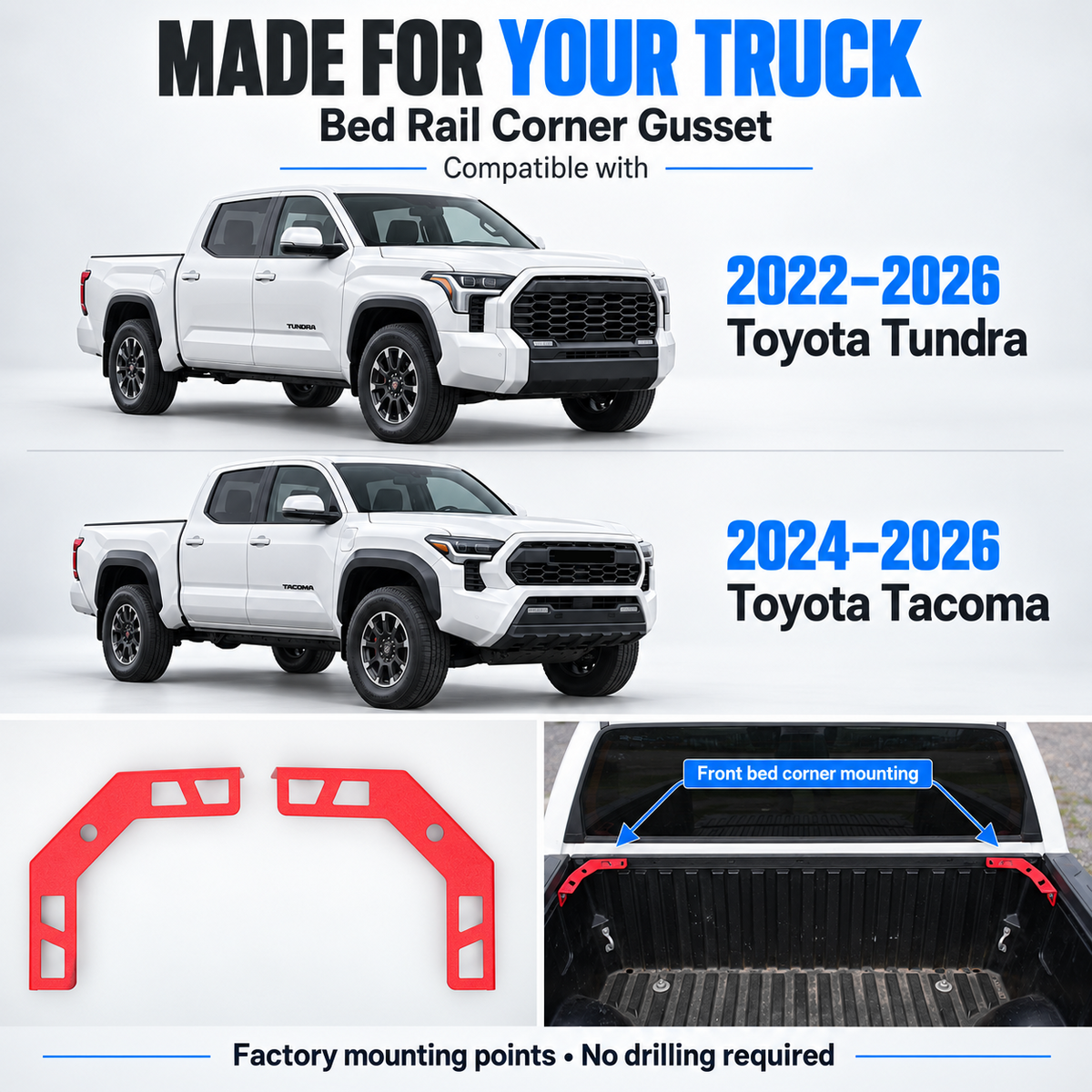 powoq Bed Rail Corner Gussets for 2022-2026 Toyota Tundra / 2024-2026 Toyota Tacoma
